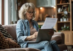 woman, senior, living room, elderly, documents, reading, home, comfortable, concentration, paperwork, sitting, glasses, indoors, lifestyle, mature, thoughtful, analyzing, reviewing, finance, serious, calm, residential, planning, testament